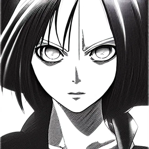 Image similar to alita by yukito kishiro. medium shot. black and white manga. pencil drawing.