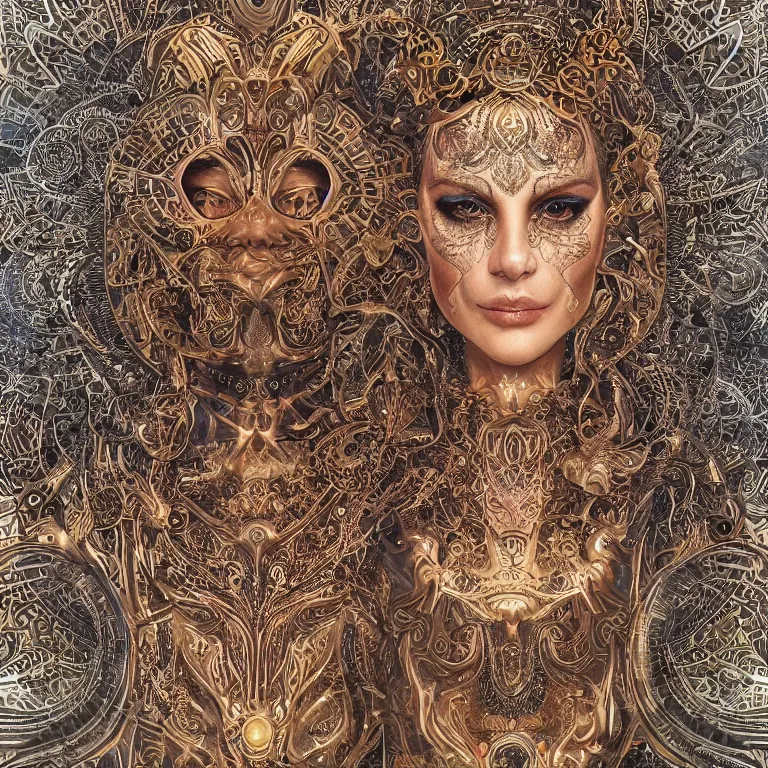 Image similar to octane render portrait by wayne barlow and carlo crivelli and glenn fabry, a high - end chrome android with intricate gold and silver detailing in the style of henna face tattoos, inside a complex mandala pattern made out of colorful flames, volumetric lighting and light rays, cinema 4 d, ray traced lighting, very short depth of field, bokeh