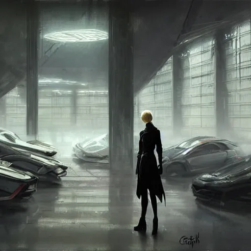 Image similar to concept art by greg rutkowski, a very tall, and slender woman with blond hair, talking with a very tall and slender mand with short black hair, brutalist futuristic interior, dark lighting atmosphere, detailed portraits, nostalgic atmosphere, scifi, digital painting, artstation, concept art, smooth, sharp foccus ilustration, artstation hq