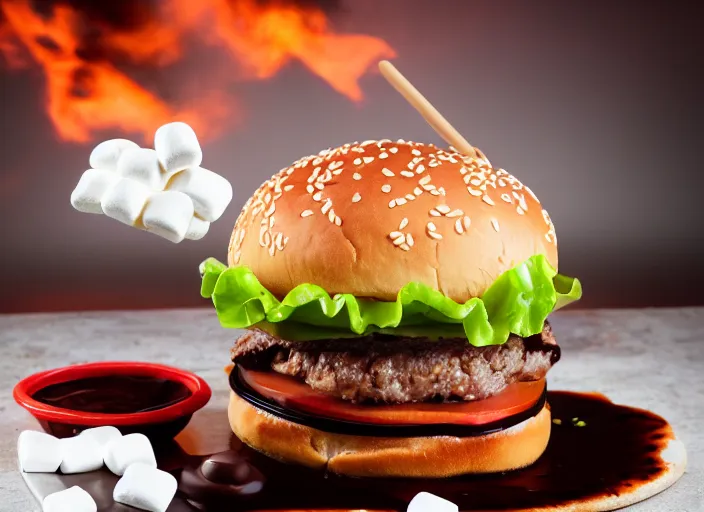 Image similar to dslr food photograph of burger with marshmallows in it, chocolate sauce, 8 5 mm f 1. 8