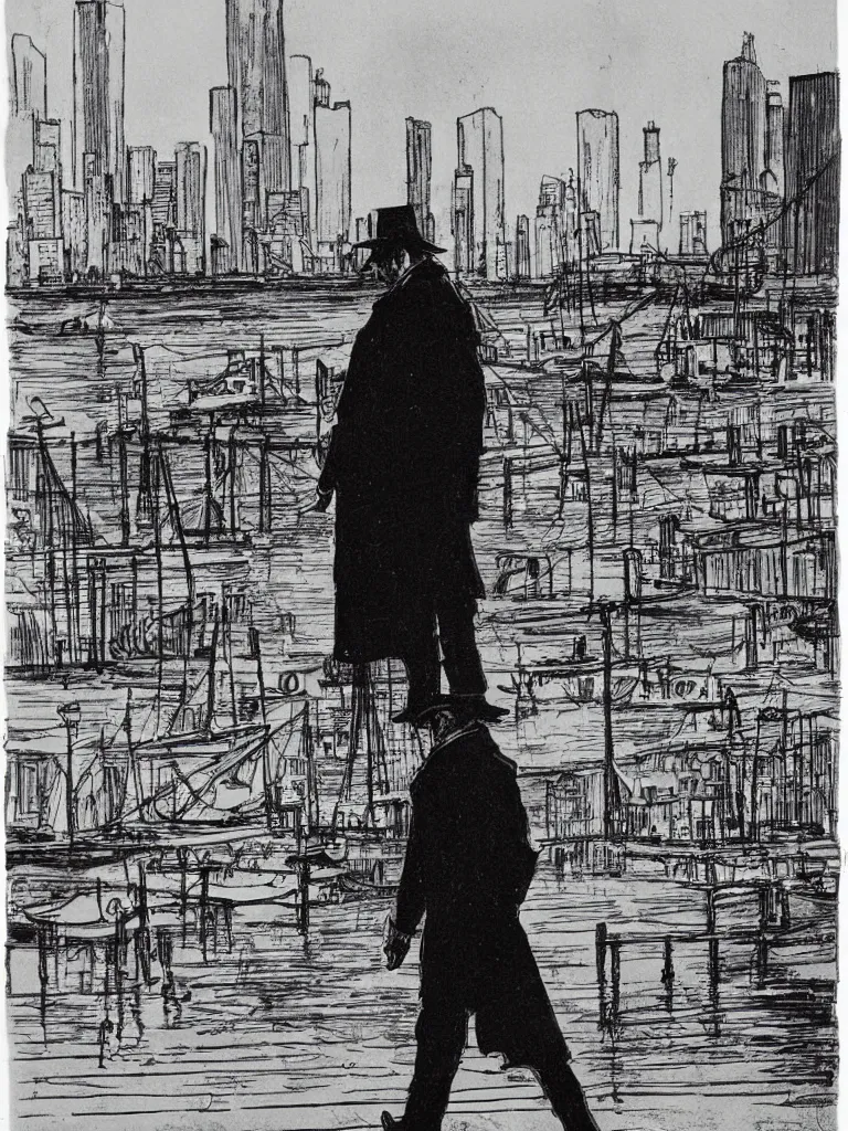 Prompt: a detective walking down the docks, city skyline in the background, by hugo pratt