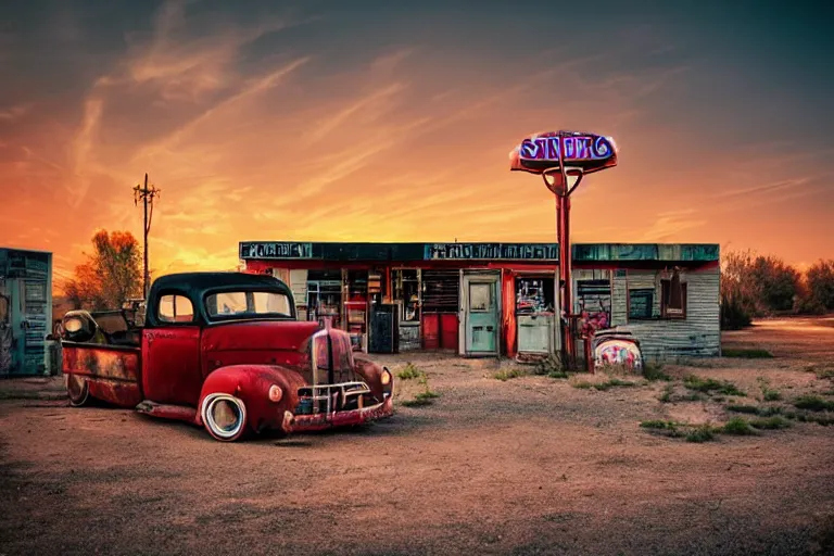 Image similar to a sunset light landscape with historical route 6 6, lots of sparkling details and sun ray ’ s, blinding backlight, smoke, volumetric lighting, colorful, octane, 3 5 mm, abandoned gas station, old rusty pickup - truck, beautiful epic colored reflections, very colorful heavenly, softlight