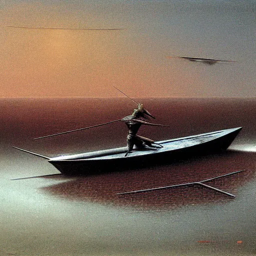 Prompt: a combat skiff by Zdzisław Beksiński, oil on canvas