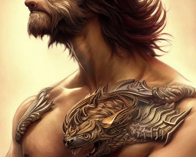 Prompt: chest tattoo of a sabretooth, deep focus, d & d, fantasy, intricate, elegant, highly detailed, digital painting, artstation, concept art, matte, sharp focus, illustration, hearthstone, art by artgerm and greg rutkowski and alphonse mucha