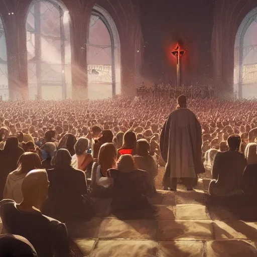 Image similar to pastor Dante Gebel giving a sermon message before a large crowd, artstation, Greg rutkowski, cinematic, digital Art