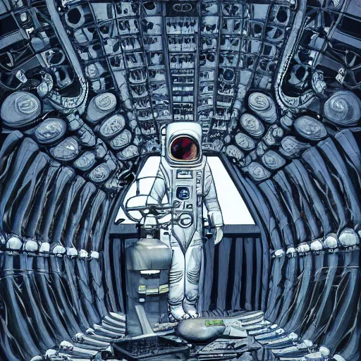 Image similar to An astronaut alone inside a dark ballroom filled with piles of human skulls by Jim Burns