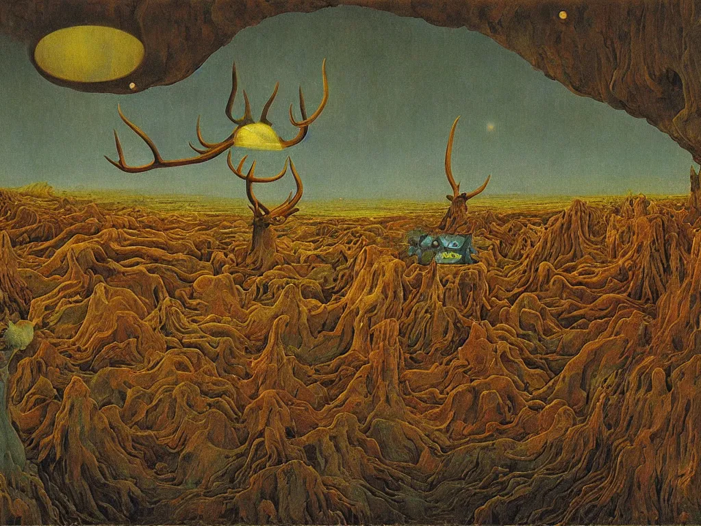 Image similar to Portrait of strange humanoid animal with antlers, snout, moth wings, mat antennae entering the toxic, phosphorescent river flowing from the factory. Apocaliptic skies. The glowing rock in the lithium desert. Painting by Jan van Eyck, Rene Magritte, Jean Delville, Max Ernst, Beksinski