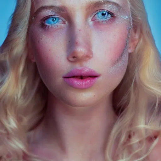 Prompt: close up headshot of a princess with long blonde hair and light blue eyes wearing a strapless elaborately beaded pink dress, high resolution film still, 8k, HDR color, film by Simon Langton and David Frankel, triangular face, slight freckles, round narrow chin, straight jawline, natural lips, high cheekbones, beautiful gazing eyes