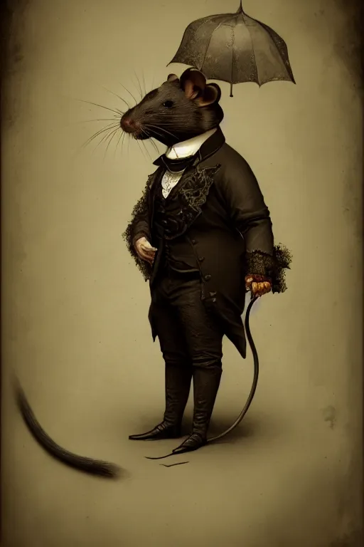 Image similar to wet plate photograph portrait of a victorian - era anthropomorphic rat dressed in a victorian - era clothing, dramatic lighting, highly detailed, digital painting, artstation, concept art, smooth, sharp focus, illustration, art by wlop, mars ravelo and greg rutkowski