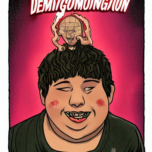 Prompt: a fat white kid with a demogorgon head