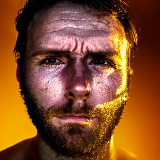 Image similar to oversaturated close up photograph of a sweaty man who has just woken up to a light shining in his face, wide fov, dark room