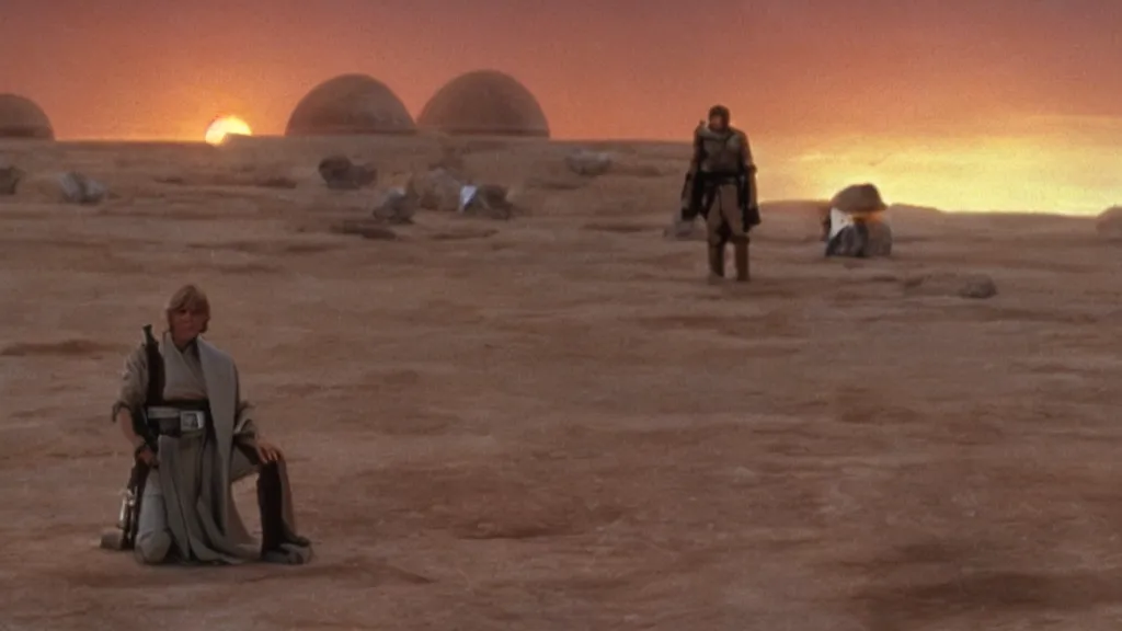 Image similar to film still Luke skywalker watches tatooine binary sunset Star Wars a new hope 1977