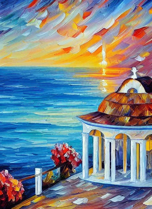 Prompt: beautiful seaside greek chapel surrounded by a village at sunset in the style of leonid afremov