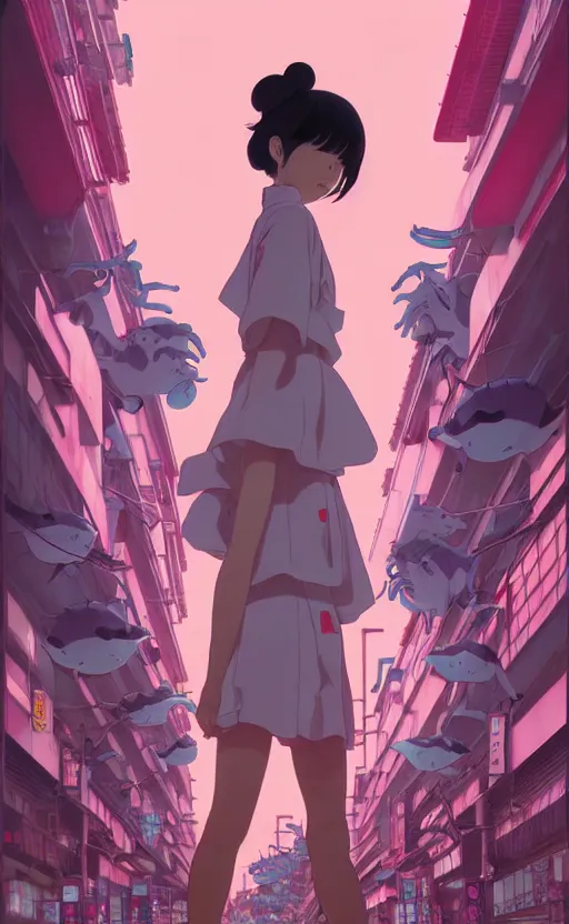 Image similar to Artwork by James Jean, Phil noto and hiyao Miyazaki; a young Japanese future samurai police girl named Yoshimi battles an enormous looming evil natured carnivorous pink robot on the streets of Tokyo; Japanese shops and neon signage; crowds of people running; Art work by studio ghibli, Phil noto and James Jean