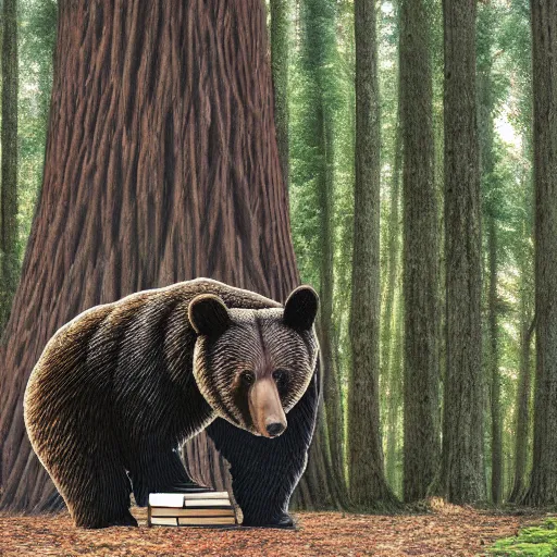 Prompt: Bear made out of old books a forest with impossibly tall trees. 8k resolution. Hyperrealistic.