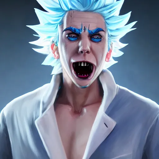 Image similar to Rick Sanchez, perfect eyes, spikey blue hair, white lab coat, full body shot, butcher, fantasy, beautiful face, medieval, vivid colors, elegant, concept art, sharp focus, digital art, Hyper-realistic, 4K, Unreal Engine, Highly Detailed, HD, Dramatic Lighting by Brom, trending on Artstation