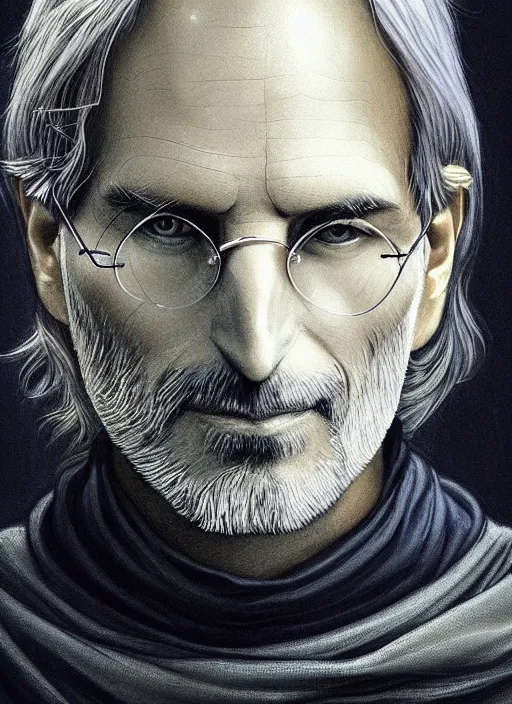 Image similar to portrait of steve jobs, white glowing eyes, silver shaggy hair, cloak, ethereal wings, male, fantasy, extremely detailed, digital painting, artstation, concept art, smooth, sharp focus, illustration, stunning lighting, art by artgerm and alphonse mucha and simon stalenhag, realistic character concept, high fantasy, light atmosphere, golden ratio, cinematic lighting
