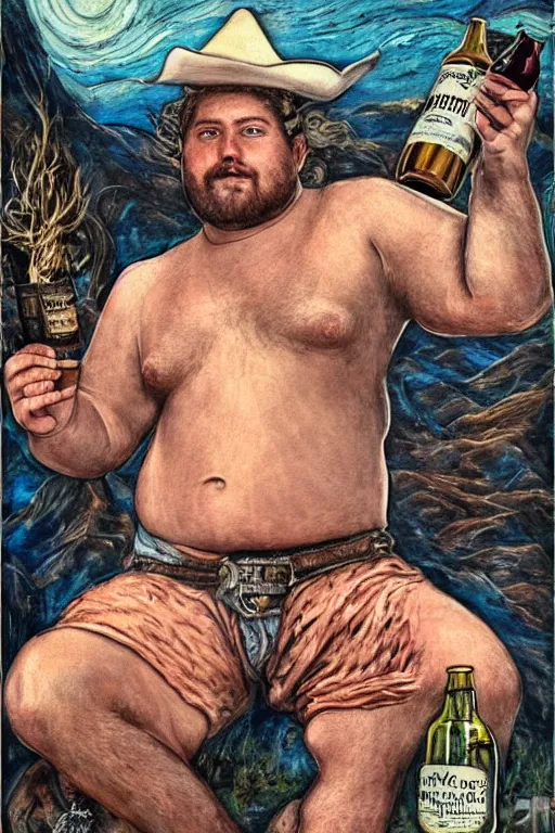 Prompt: a dramatic, epic, ethereal painting of a !!handsome!! chubby mischievous shirtless cowboy with a beer belly wearing a large belt and bandana offering a whiskey bottle | he is relaxing by a campfire | background is a late night with food and jugs of whisky | homoerotic | stars, tarot card, art deco, art nouveau, intricate | by Mark Maggiori (((and Alphonse Mucha))) | trending on artstation