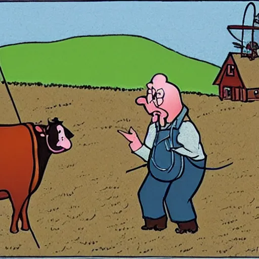 Image similar to a cow points at a bucket, a farmer stands nearby, illustrated by gary larson