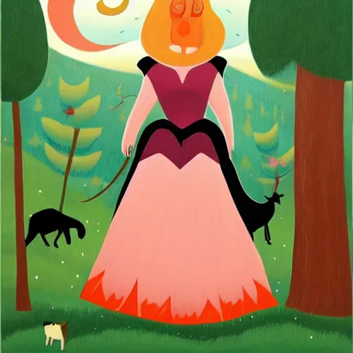 Prompt: offhand, dull by debbie criswell. a beautiful illustration of princess aurora singing in the woods while surrounded by animals. she looks so peaceful & content in the company of the animals, & the colors are simply gorgeous.