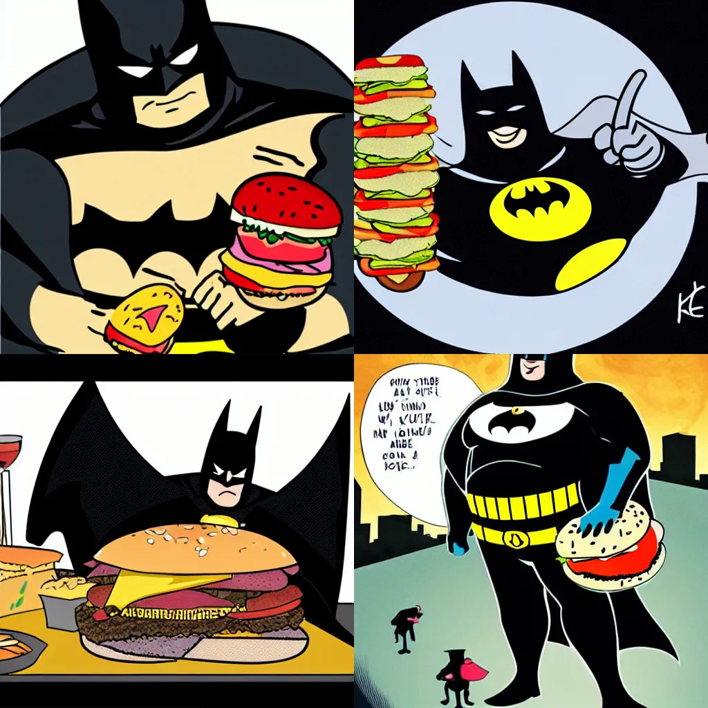 Prompt: obese batman eating a hamburger