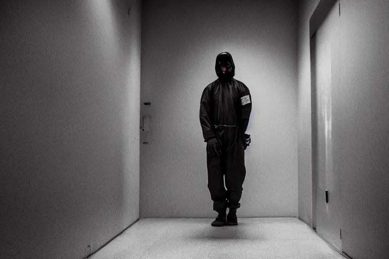 Image similar to a cinematic portrait of a prisoner dressed in a a black and white hazmat suit, in a small prison cell, dust storm, annie leibovitz and zack snyder, 8 k, hd, high resolution, 8 5 mm, red and white color theme, f / 1. 8