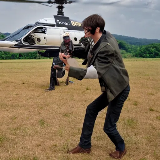 Prompt: harry potter shooting bazuka from helicopter. helmet.