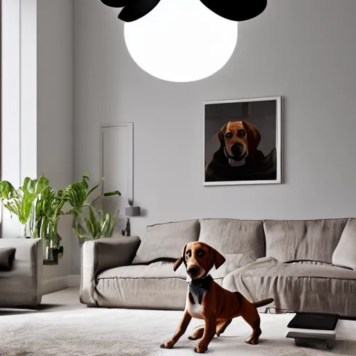 Image similar to a large lamp, shaped as a 3d beagle puppy head, placed in a large living room, art designers magazine HD photo superrealism 3d 8k resolution