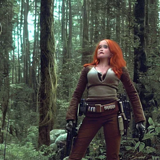 Prompt: movie still of cute young sharon stone as bounty hunter mara jade on the forested mountain planet wayland in star wars episode vii : heir to the empire ( 1 9 9 1 ) ; bare arms ; leather