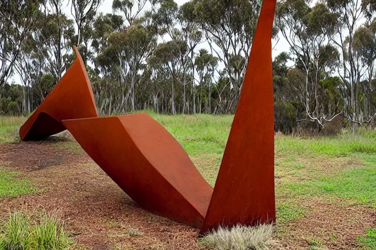 Prompt: “dramatic award-winning corten steel sculpture in an Australian wetlands”