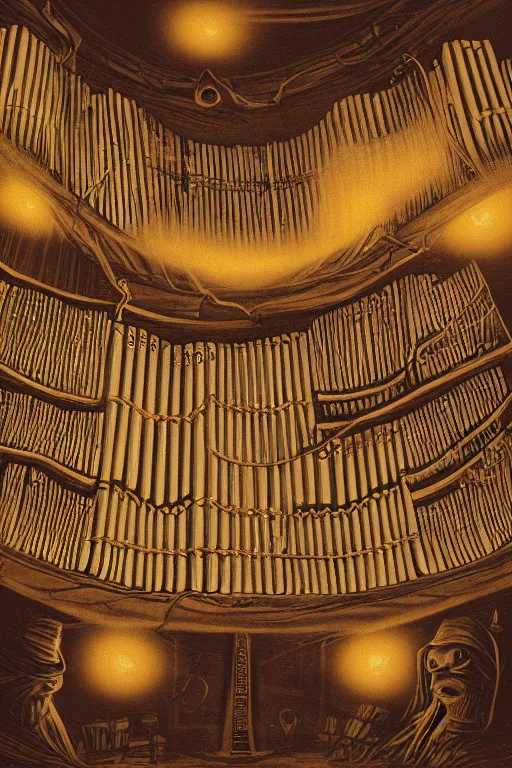 Image similar to illustration of close low angle view of an pipe organ made of books with gold spidery embellishments, night, smoke, ground fog, by vincent di fate, large depth of field, super detailed, digital art, trending on artstation, ornate