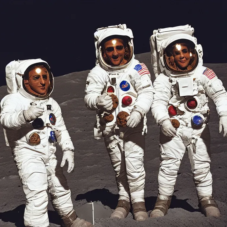 Prompt: Al pachino and Robert dinero eating cookies on the moon