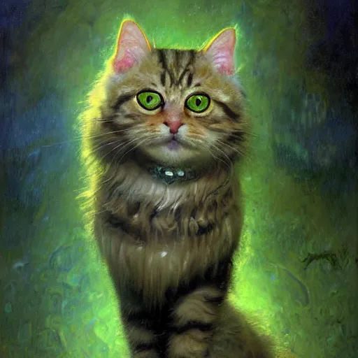 Image similar to portrait fluffy tabby cat feline with green human eyes wearing a suit. shadowrun furaffiniy furry art cyberpunk fantasy highly detailed painting by gaston bussiere craig mullins jc leyendecker gustav klimt artgerm greg rutkowski john berkey, bergey, craig mullins, ruan jia, raymond swanland, jeremy mann, tom lovell, alex malveda