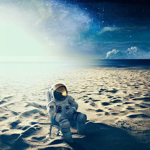 Image similar to an astronaut lounging in the beach, dramatic lighting, cinematic, extremly high detail, photorealistic, cinematic lighting, nasa footage