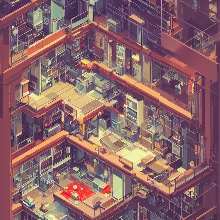 Image similar to isometric view illustration of a Cyberpunk apartment, highly detailed, by James Gilleard and Bruce Pennington