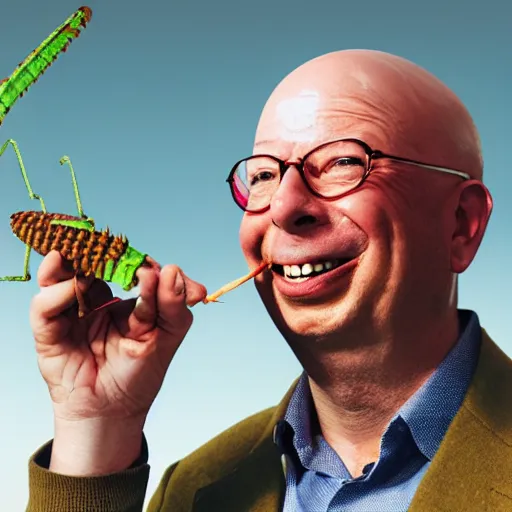 Prompt: Happy Klaus Schwab eating a grasshopper, by Beeple