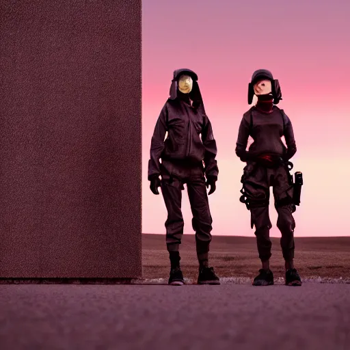 Image similar to photograph 2 techwear women in front of a brutalist metal building, on a desolate plain, red sky, sigma 8 5 mm f / 1. 4, 4 k, depth of field, high resolution, octane render, 4 k, 8 k, hd, full color