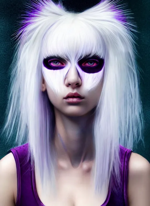 Image similar to hair whitebangs hair, black cyberlox, portrait of normal teenage girl, white bangs, messy bangs, fluffy bangs, cyberlox, whitebangs, red contact lenses, purple background, intricate, elegant, highly detailed, digital painting, artstation, concept art, sharp focus, smooth, illustration, art by wlop, mars ravelo and greg rutkowski