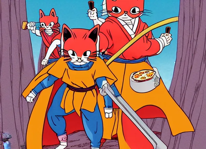 Image similar to cat samurai wearing pizza pizza costumes, illustration masterpiece, by ryan ottley and mœbius and hayao miyazaki and akira toriyama