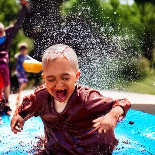Image similar to photo of a kid sliding through chocolate pudding head first, slip n slide