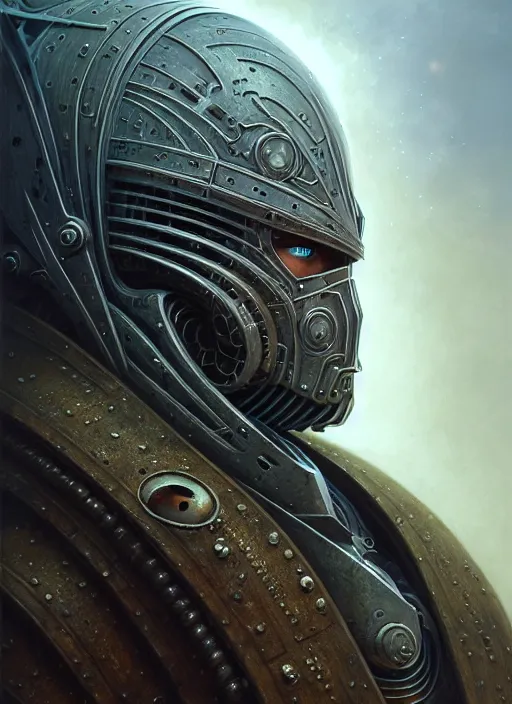 Image similar to closeup portrait shot of a cyber knight in a scenic dystopian environment, intricate, elegant, highly detailed, centered, digital painting, artstation, concept art, smooth, sharp focus, illustration, artgerm, tomasz alen kopera, peter mohrbacher, donato giancola, joseph christian leyendecker, wlop, boris vallejo