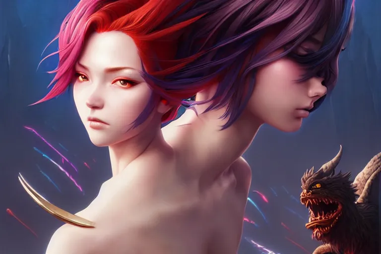 Image similar to cynical summoner girl with their mythical creatures, occlusion shadow, specular reflection, rim light, unreal engine, artgerm, artstation, art by hiroaki samura and ilya kuvshinov and ossdraws, intricate, highly detailed 8 k, fantasy illustration, extremely beautiful and aesthetic shape of face and clothes, movie poster