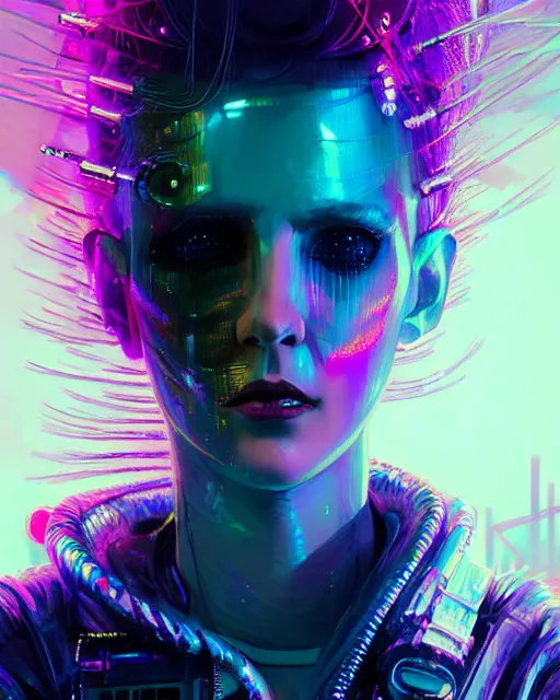 Image similar to detailed portrait of Punk girl, standing hair line Sheen Holographic Futuristic sci-fi fashion cyberpunk, (neotokyo), synthwave, (aesthetics), futuristic, bladerunner movie scene by ismail inceoglu dragan bibin hans thoma greg rutkowski Alexandros Pyromallis Nekro Rene Margitte illustrated Perfect face, fine details, realistic shaded, fine-face, pretty face sharp chine