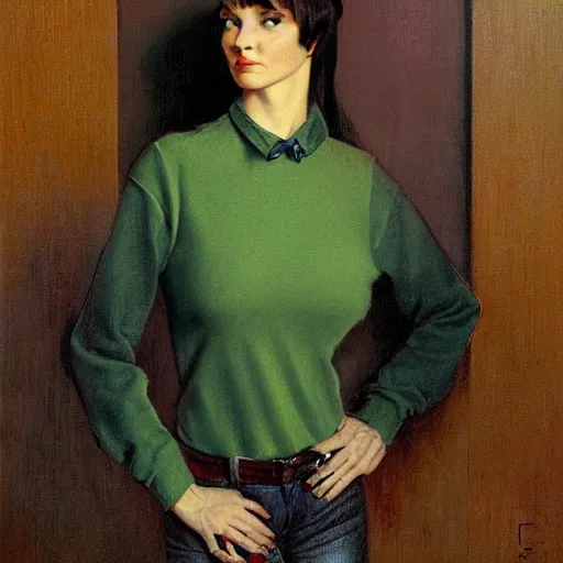 Image similar to portrait of a woman with straight bangs, green eyes, and a sweater over a shirt and tie, by gerald brom and norman rockwell.