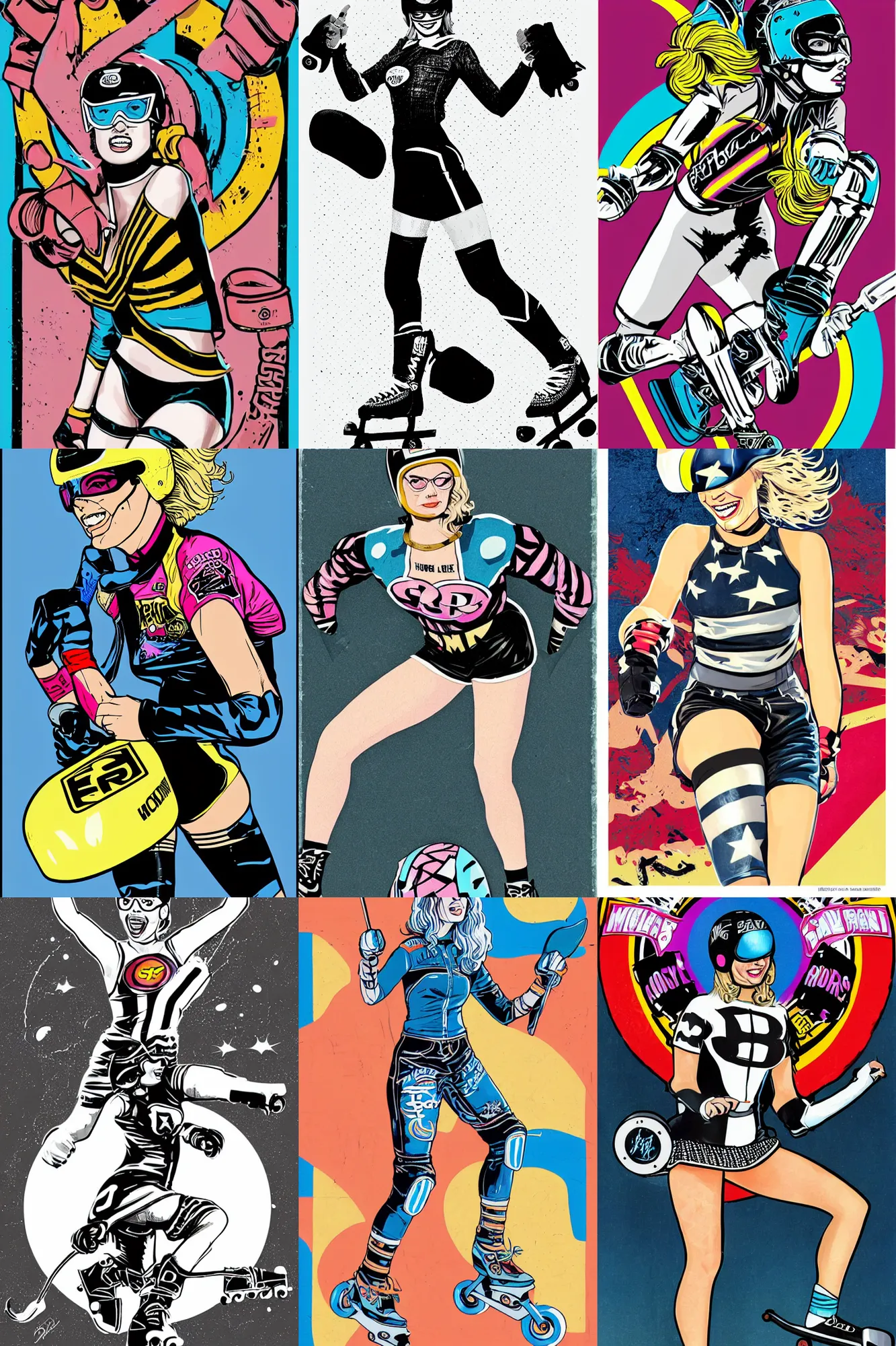 Prompt: Margot Robbie as roller derby girl portrait, logo, wearing skating helmet, wearing knee and elbow pads, showing victory, Philippe Caza, 3 colour print