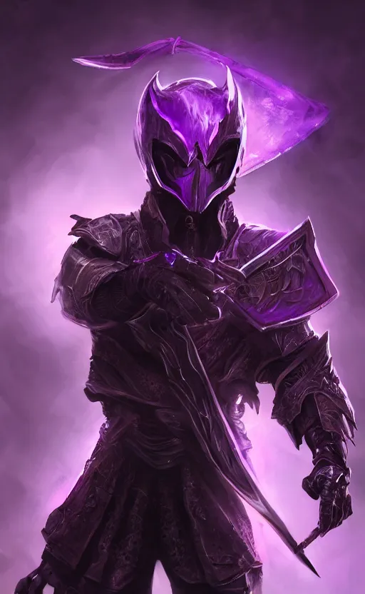 Prompt: a shadow, spectral assassin wearing purple carbon fiber armor, holding two daggers, with glowing purple eyes, dynamic lighting, photorealistic fantasy concept art, trending on art station, stunning visuals, creative, cinematic, ultra detailed