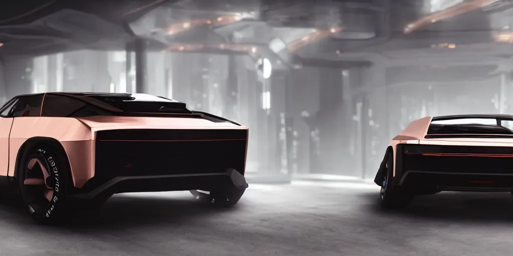 Image similar to a design of a futuristic DMC Delorian, designed by Polestar, blade runner background, back view, rose copper car paint with neon color accent detailing, black windows, sportscar, black show room, dramatic lighting, octane rendering, unreal engine rendering, hyper realistic render, depth of field, octane rendering
