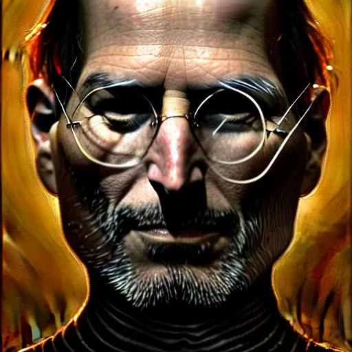 Prompt: Steve Jobs, fantasy, intricate, elegant, dramatic lighting, emotionally evoking symbolic metaphor, highly detailed, lifelike, photorealistic, digital painting, artstation, concept art, smooth, sharp focus, illustration, art by John Collier and Albert Aublet and Krenz Cushart and Artem Demura and Alphonse Mucha