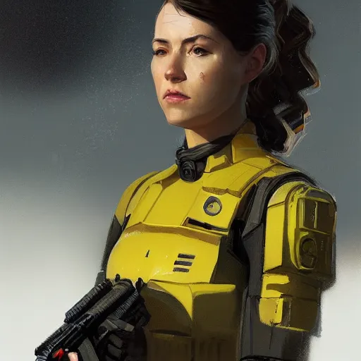 Prompt: portrait of a woman by greg rutkowski, a soldier of the outer rim association, wearing a black and yellow tactical gear, star wars expanded universe, highly detailed portrait, digital painting, artstation, concept art, smooth, sharp foccus ilustration, artstation hq