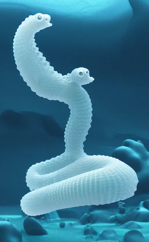 Image similar to humanoid sea lizard made of white translucent gelatin, under water, cinematic render, octane renderer